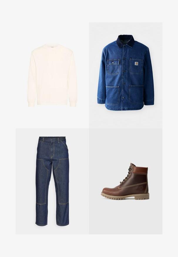 Denimjakke i mørkeblå med en kordfløjlskrave. Har fire lommer, knaplukning foran og en let indsnævret kant. Holdbart stof.; Langærmet skjorte i off-white bomuld med rund hals og elastiske manchetter, der har et minimalistisk design og blød tekstur.; Mørkeblå denim jeans med høj talje, lige ben-design, kontrastsyninger og lappelommer foran.; Brun læder snørebånd ankelstøvle med polstret krave, kontrastsyning og robust sål, vist fra ydersiden på en hvid baggrund.