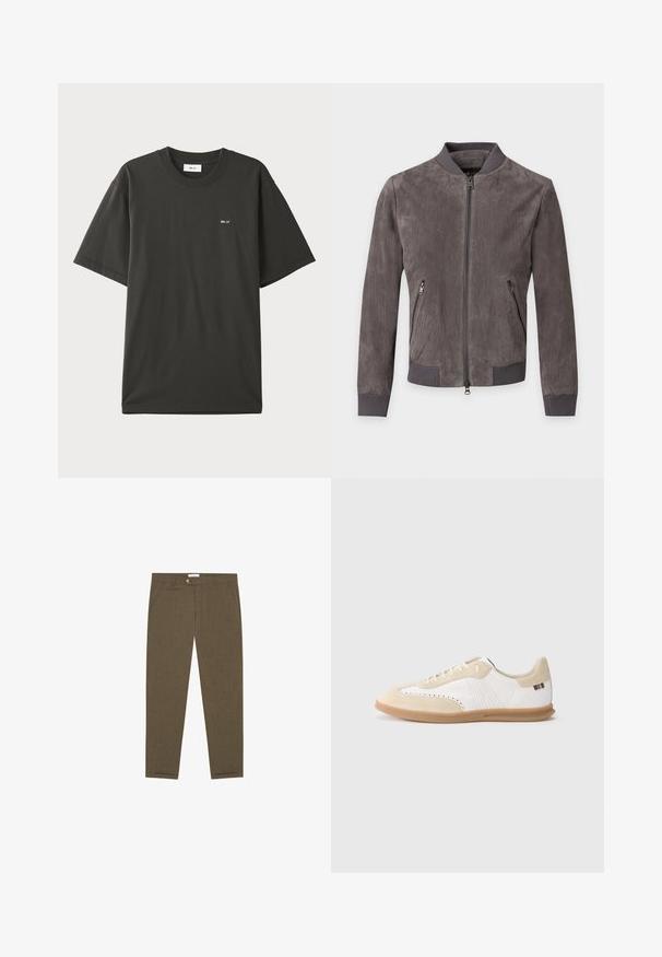 Veste bomber en suède gris avec col, poignets et bas côtelés, avec une fermeture éclair à l'avant et deux poches latérales zippées.; NN.07 ADAM - T-shirt basique - khaki; Pantalon marron sur mesure avec poches avant, passants de ceinture et fermeture par bouton à la taille, posé à plat sur fond blanc.; Baskets blanches avec accents en daim beige clair, détails perforés, lacets plats et semelle en caoutchouc naturel. Présentent un logo rayé sur le talon.