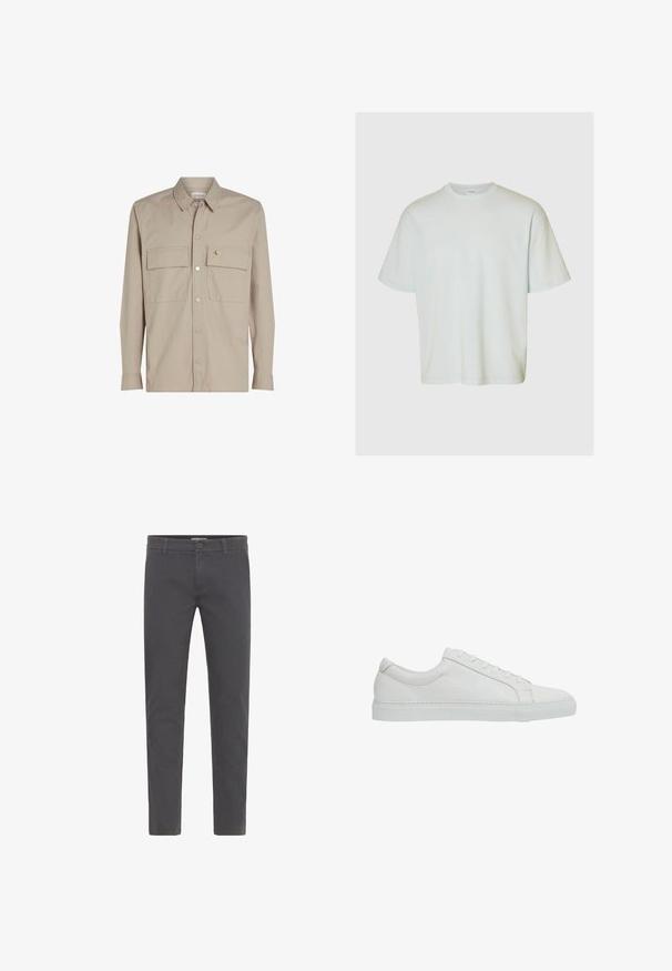 Camisa beige de botones con mangas largas, dos bolsillos en el pecho y un parche de logo en el bolsillo izquierdo. Tejido suave con cuello.; Selected SLMLOOSEOSCAR - Camiseta básica - ice melt; Pantalones grises de corte ajustado, elaborados en suave algodón. Presentan un cierre con botón, presillas para cinturón y un diseño limpio y aerodinámico. Sin patrones visibles.; Reiss REGULAR FIT - LUCA TUMBLED - Zapatillas - white
