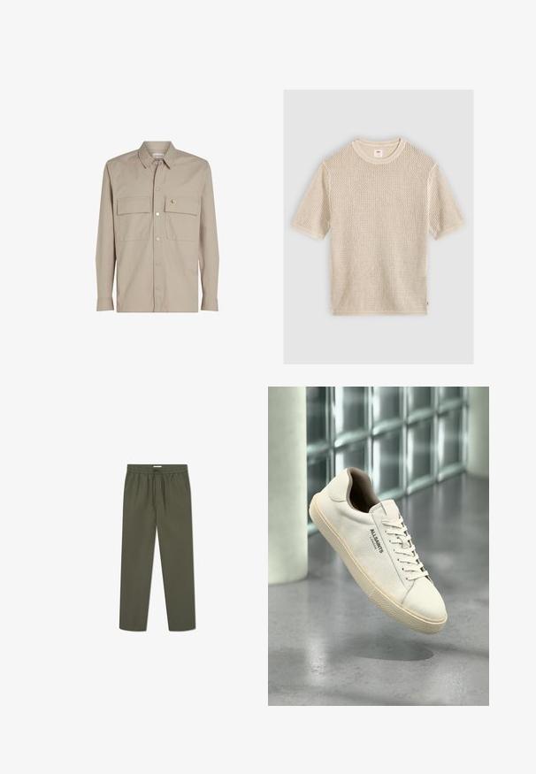Camisa beige de botones con mangas largas, dos bolsillos en el pecho y un parche de logo en el bolsillo izquierdo. Tejido suave con cuello.; Jersey beige de manga corta, tejido con cuello redondo y un patrón texturizado de tejido abierto, colocado plano sobre un fondo claro.; Pantalones verde oliva con cintura elástica, detalle de cordón y bolsillos laterales. La tela tiene una textura suave y ligera.; Zapatilla de lona blanca con suela y cordones beige, logo "AllSaints London" a un lado, flotando sobre un suelo gris pulido cerca de bloques de cristal.