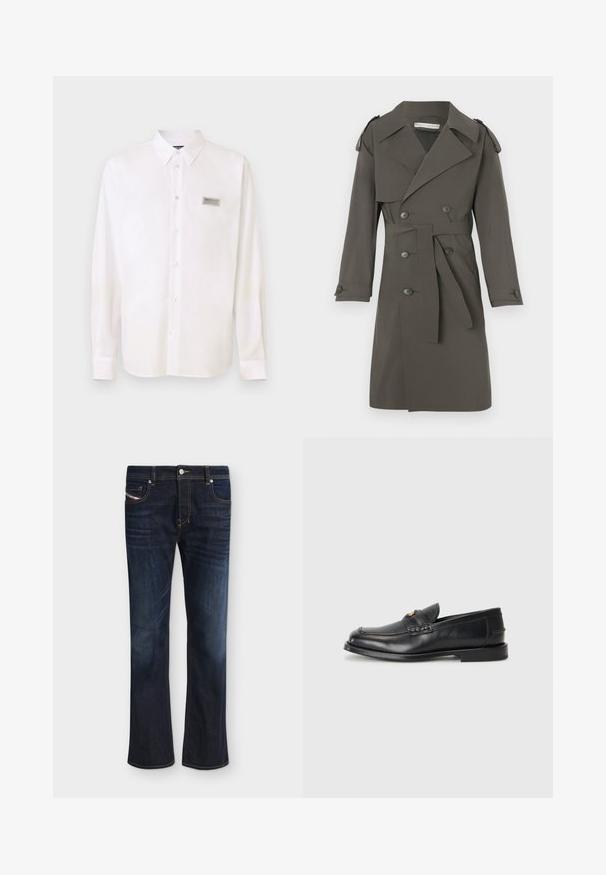 Trench-coat gris en tissu léger, doté de boutons croisés, d'une ceinture à la taille et d'épaulettes sur les épaules.; Chemise blanche à manches longues en tissu lisse, dotée d'un devant boutonné, d'un col pointu et d'une petite étiquette de logo sur la poitrine gauche.; Jean en denim bleu foncé avec légère décoloration aux cuisses, cinq poches, fermeture par bouton et fermeture éclair, coupe droite et coutures orange visibles.; Des mocassins en cuir noir présentent un bout arrondi, des détails cousus et un petit accent doré à l'avant. La semelle est plate et discrète.
