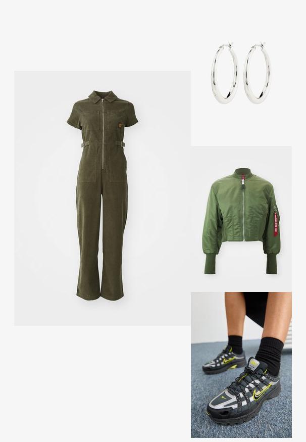 Beskaaret bomberjakke i olivengrøn, lavet af glat nylon, med frontlynlås, ribstrikket krave og et accentræd mærke på ærmet.; Olivengrøn kordfløjl jumpsuit med lynlås foran, korte ærmer, to brystlommer og justerbare sidebånd. Bukser med flared ben.; Sorte og grå atletiske sko med refleksive sølvdetaljer, teksturerede mesh-paneler og lysegule detaljer. Snørebåndsdesign med struktureret sål.; Sølvøreringe i form af hoops med en glat, blank finish. Cirkulær form, der har en sikker lås. Simpelt og elegant design.