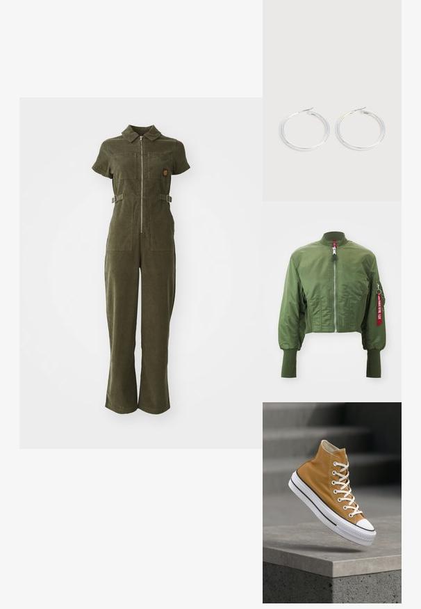 Beskaaret bomberjakke i olivengrøn, lavet af glat nylon, med frontlynlås, ribstrikket krave og et accentræd mærke på ærmet.; Olivengrøn kordfløjl jumpsuit med lynlås foran, korte ærmer, to brystlommer og justerbare sidebånd. Bukser med flared ben.; Højtop-sneaker i sennepsgul lærred med hvide snørebånd, gummitåhætte og en tekstureret hvid sål med sorte striber.; Par skinnende sølvøreringe med tynde trådlåse, vist på en lys grå baggrund.