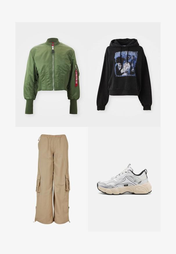 Veste bomber raccourcie en olive, fabriquée en nylon lisse, avec une fermeture éclair à l'avant, un col côtelé, et une étiquette rouge en accent sur la manche.; Haut de survêtement noir court en coton avec un capuchon à cordon de serrage. Présente une impression graphique bleue représentant des personnages et du texte.; Pantalons cargo beiges avec une taille élastique, deux poches latérales et des accents en maille ; fabriqués en tissu léger et texturé.; Baskets blanches avec des panneaux en maille et en synthétique, accents argentés, semelle crémeuse épaisse et détails noirs contrastants. Possède un système de laçage.