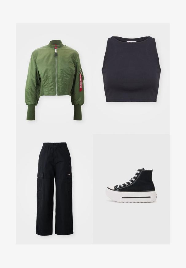 Veste bomber raccourcie en olive, fabriquée en nylon lisse, avec une fermeture éclair à l'avant, un col côtelé, et une étiquette rouge en accent sur la manche.; Crop top noir à côtes avec un col rond et sans manches. Texture lisse, coupe ajustée et style minimaliste.; Pantalons cargo noirs avec une taille élastique et un bouton. Comprend deux grandes poches latérales et un logo en patch sur la jambe gauche. Design à jambes larges.; Baskets montantes noires en toile, avec des coutures blanches, un embout en caoutchouc, une semelle plateforme épaisse blanche et des détails en bande noire.
