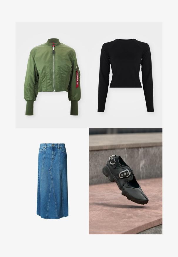 Beskaaret bomberjakke i olivengrøn, lavet af glat nylon, med frontlynlås, ribstrikket krave og et accentræd mærke på ærmet.; Sort langærmet crop top med rund hals og raglanærmer. Glat tekstur, minimalistisk design og ingen synlige mønstre eller hardware.; Lys blå denimnederdel i knælængde med en tætsiddende talje, knaplukning og frontlommer; har en paneleret design og rå kant.; Sort sko med delt tå og to sølvspændere, tyk sål og perforerede detaljer, svævende over en stenovertagelse.