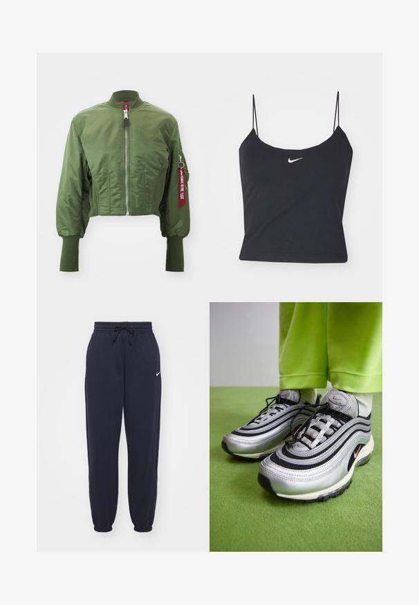 Chaqueta bomber recortada en verde oliva, hecha de nylon suave, con cremallera frontal, cuello acanalado y una etiqueta roja de acento en la manga.; Top negro sin mangas con escote redondeado, tirantes finos y un logo de Nike blanco centrado. Hecho de un tejido suave, con un diseño ajustado.; Pantalones de chándal Nike en azul marino, hechos de un material suave. Cuenta con una cintura elástica con cordón y tobillos ajustados. Pequeño acento con el logo blanco.; Las zapatillas Nike Air Max 97 en plata y negro cuentan con un diseño ondulado, materiales de malla y cuero, cordones negros y un logo de acento en rosa.