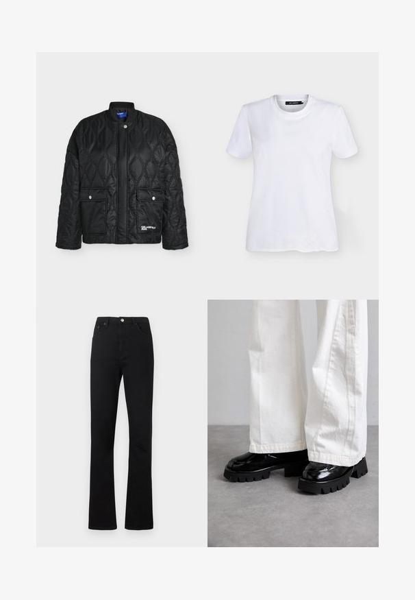 Veste matelassée noire avec coutures en forme de vague, deux poches avant à boutons-pression et logo « Karl Lagerfeld Jeans » sur la poche inférieure droite.; T-shirt blanc à manches courtes avec col rond et une décoration subtile en perles près de l'ourlet inférieur sur un fond uni.; Jean noir taille haute à jambe droite avec poches avant, passants pour ceinture et fermeture par un bouton argenté.; Chaussures noires à semelles épaisses avec une finition brillante, associées à un pantalon large blanc. Tread épais et texture lisse remarquables sur les chaussures.