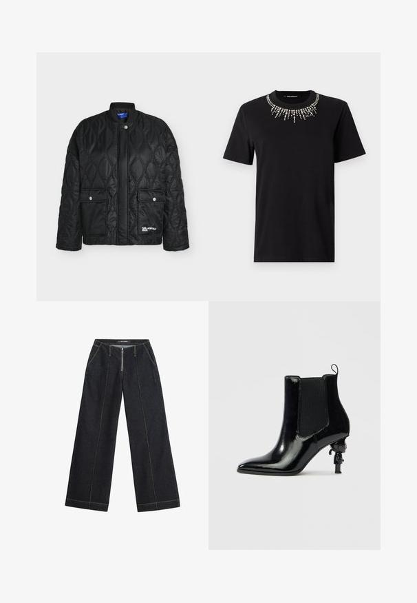 Musta tikattu takki aaltoilevilla saumoilla, kaksi etutaskua nepparikiinnityksellä ja "Karl Lagerfeld Jeans" -logo alaoikeassa taskussa.; Musta, lyhythihainen puuvillainen T-paita, jossa koristeellinen strassikaulus räjähdyskuviolla. Kevyt ja istuva malli.; Tummat farkut, joissa on leveät lahkeet, keltaiset kontrastipistoit ja vetoketjukiinnitys edessä. Kaksi sivutaskua ja hieman rakenteellinen istuvuus.; Musta kiiltonahkainen nilkkuri, jossa on joustavat sivupaneelit, kärkiosa ja ainutlaatuinen veistoksellinen korkokyntinen muotoilu, jossa on pieni hahmo.