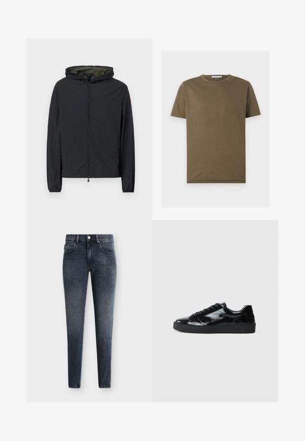 Veste à capuche légère noire avec fermeture éclair complète à l'avant et poignets élastiques, montrant une doublure intérieure vert olive avec un imprimé subtil.; T-shirt vert olive à manches courtes avec col rond, ourlet droit et petite étiquette à l'intérieur du col au dos.; Jean slim fit gris foncé délavé avec poches avant et poche monnaie, passants de ceinture, fermeture à bouton et détails de coutures visibles sur un fond uni.; Baskets en cuir verni noir avec un bout arrondi, un laçage, une semelle en caoutchouc texturé et une finition lisse.