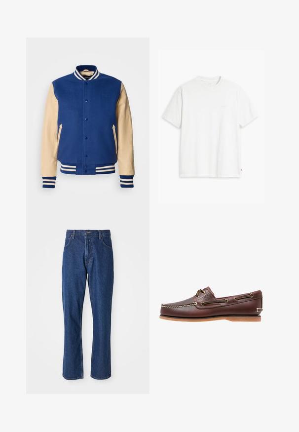 Schott Bomberjakke - blue/beige; Hvid t-shirt i bomuld med korte ærmer, rund halsudskæring og en diskret "Levi's"-logo trykt i lyse farver på forsiden.; Blå denimjeans med lige ben-design, fem-lomme stil og en robust talje med metalknaplukning.; Brun læder bådsko med hvide sømme, snøre detaljer og lysbrun gummisål, vist fra siden på hvid baggrund.