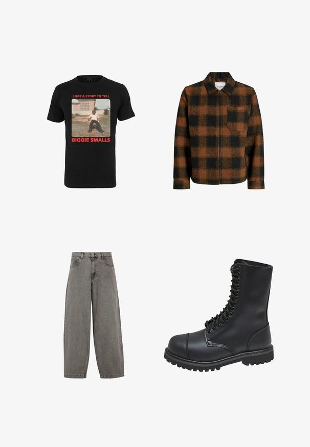 Brun og sort ternet lynlåsjakke med krave og brystlomme, præsenteret på en hvid baggrund.; Sort bomulds T-shirt med et vintage billede og rød tekst, der står "I GOT A STORY TO TELL BIGGIE SMALLS" under billedet.; Grå denim bukser med høj talje, brede ben, klassisk fem-lomme design og knaplukning foran. Let struktureret finish.; Sort læder kampstøvle med høj skaft, snørebånd foran, polstret krave og en robust tekstureret sål for godt greb. Har forstærket tåhætte.