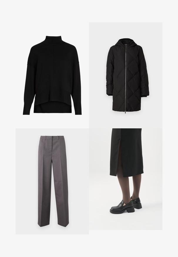 Schwarze gesteppte Pufferjacke mit Kapuze, Frontreißverschluss, langen Ärmeln und Rautenmuster-Nähten.; Schwarzer Strickrollkragenpullover mit lockerer Passform, überschnittenen Schultern, gerippten Bündchen und einem High-Low-Saumdesign. Weiche Textur, minimale Details.; Grau maßgeschneiderte Hose aus strukturiertem Stoff, mit geradem Bein, flacher Vorderseite und Gürtelschlaufen.; Frau trägt schwarze Loafers mit klobigem Absatz, schwarze transparente Strumpfhosen und einen schwarzen Rock mit Schlitz hinten vor weißem Hintergrund.