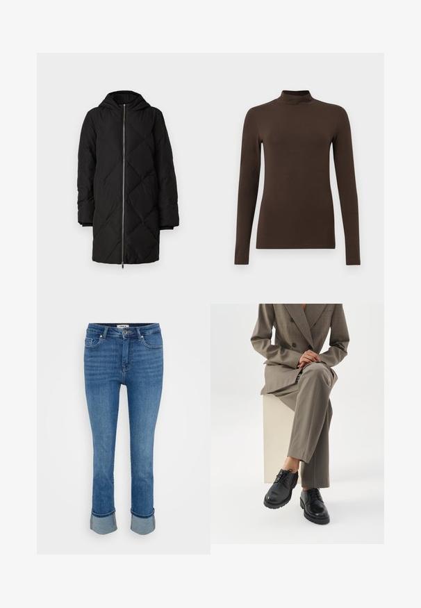 Zwarte gewatteerde pufferjas met een capuchon, voorzien van een ritssluiting aan de voorkant, lange mouwen en een ruitjespatroon in de stiksels.; Bruine lange mouw turtleneck top gemaakt van zachte stof. Strak ontwerp met een hoge hals en naadloze mouwen. Geen zichtbare patronen of hardware.; Blauwe denim jeans met voorzakken, knoopsluiting en opgerolde manchetten tegen een effen lichte achtergrond.; Persoon die een taupekleurig pak draagt en met gekruiste benen op een witte blok zit, zwarte leren veterschoenen toont tegen een witte achtergrond.