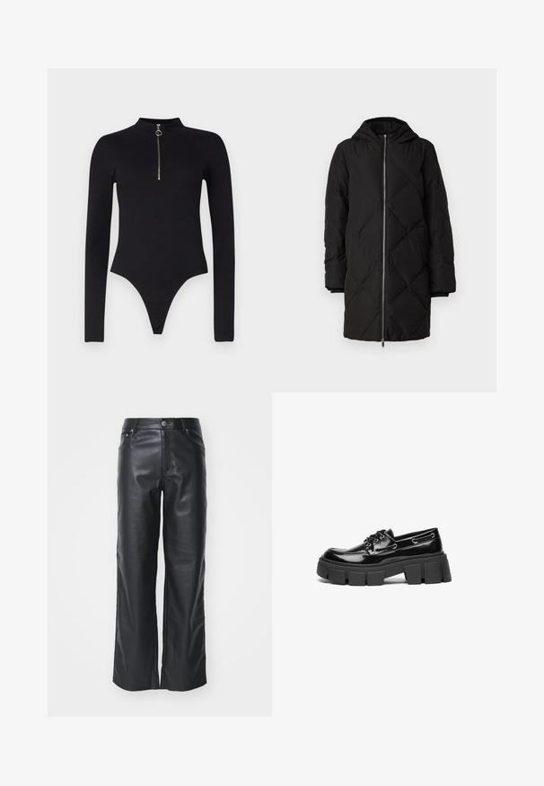 Schwarze gesteppte Pufferjacke mit Kapuze, Frontreißverschluss, langen Ärmeln und Rautenmuster-Nähten.; Noisy May NMTONI BODY - Langarmshirt - black; Schwarze Lederweite-Hosen mit glatter Textur, ausgestattet mit einem Frontknopfverschluss und einem Fünf-Taschen-Design. Maßgeschneidert für eine lockere Passform.; Schwarze Lacklederloafer mit einer robusten schwarzen Plattformsohle und dekorativen Ösen. Glatte Textur mit runder Zehenpartie und Schnürdetail.