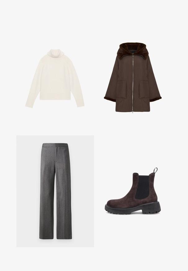 Brun quiltet jakke med en stor fake pels hætte og krave, lynlås foran og to forlommer. Har brede ærmer og en blød tekstur.; Lyscreme turtleneck sweater med ribbet tekstur, raglanærmer og tætsiddende kant. Blødt materiale og afslappet silhuet.; Bredde benbukser i et mørkegrå tekstureret stof, med en lige pasform og en jævn talje. Ingen synlige lommer eller lukninger.; Woden Støvletter - chocolate