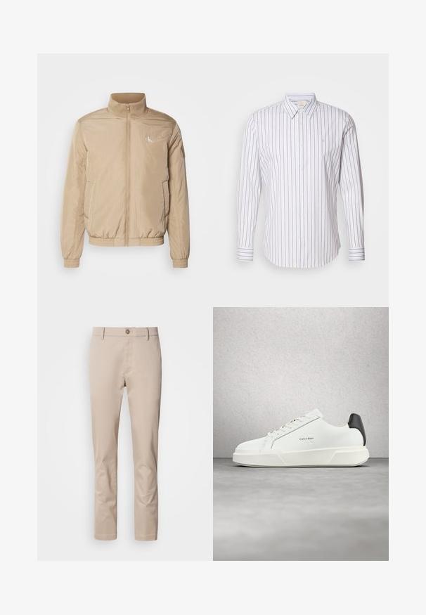 Chaqueta beige con cremallera fabricada en material ligero. Cuenta con un cuello alto, puños elásticos, bolsillos laterales y un logo en el lado izquierdo del pecho.; Calvin Klein SLIM FIT - Camisa - gray marble; Chinos de algodón beige con corte recto, trabillas para cinturón, un solo botón frontal y una superficie lisa, sin texturizar. No se ven bolsillos.; Zapatillas blancas con parte superior de cuero liso, cordones planos y suela blanca elevada. Presentan un acento negro en el talón y logotipo en relieve.
