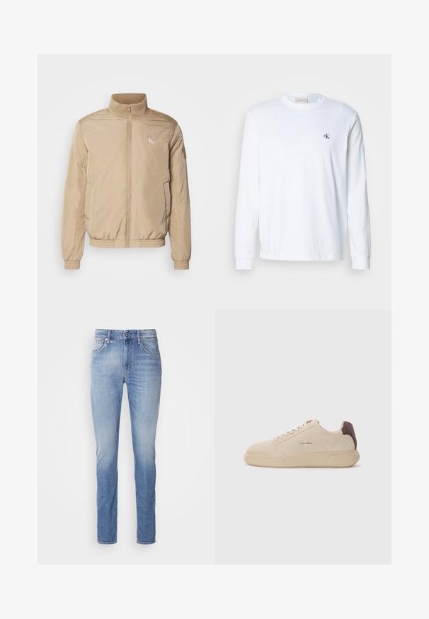 Chaqueta beige con cremallera fabricada en material ligero. Cuenta con un cuello alto, puños elásticos, bolsillos laterales y un logo en el lado izquierdo del pecho.; Camisa blanca de algodón de manga larga con cuello redondo y pequeño logo negro "cK" en el pecho izquierdo.; Jeans de mezclilla azul claro con corte recto, que presentan una cintura de altura media, cinco bolsillos y un ligero desgaste en la tela.; Zapatilla de ante beige con punta redondeada, cordones en la parte frontal y un acento de ante marrón en el talón. Cuenta con una suela de goma texturizada.