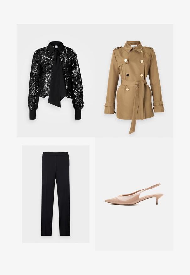 Beežist kasukas vöökohaga, topeltnööbitud esiküljega, kuldsete detailide, epaulettide ja mansetinööpidega, valmistatud siledast kangast.; Vero Moda Tall VMEDA SHORT BOW SHIRT - Pluus - black; Mustad kohandatud sirgete säärega püksid, millel on lame vöökoht ja triigitud pressivoldid, esitatud ühevärvilise heleda tausta ees.; Beeži lakknahast slingback kingad terava varba ja madala kassi kontsaga, vaadatuna profiilis valgel taustal.