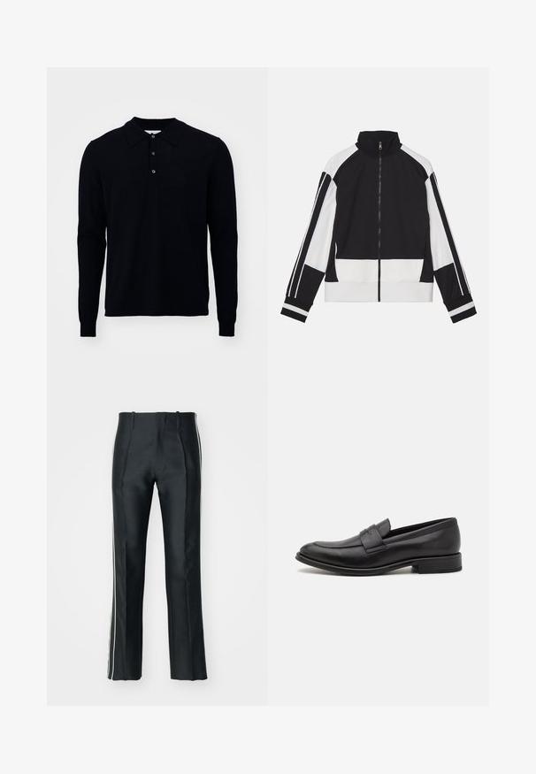 Sort og hvid zip-up jakke med høj krave, der har kontrasterende skulderstriber og ribbede mansjetter. Blødt stof med et minimalistisk design.; Langærmet polo shirt i mørk navy, lavet af fint strikket stof. Har en krave, tre-knap lukning og ribbede manchetter.; Sorte satinbukser med en skræddersyet pasform, der har hvide sidelister. Designet med en udvidet benvidde og frontfolder for ekstra detalje.; Sort læderloafer med en glat finish, en dekorativ rem over vristen, rund tå og en lav stablet hæl.
