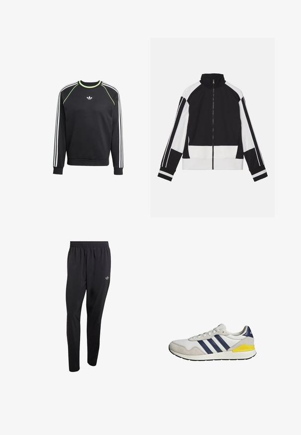 Sort og hvid zip-up jakke med høj krave, der har kontrasterende skulderstriber og ribbede mansjetter. Blødt stof med et minimalistisk design.; Sort sweatshirt med hvidt tre-stribesdesign på ærmerne og limegrønne detaljer. Har rund halsudskæring og et lille logo på brystet.; Sorte atletikbukser lavet af letvægtsmateriale med elastisk taljebånd og et lille præget logo på det øverste venstre benområde.; Hvid og grå Adidas-sneaker med navyblå striber og en gul detalje på hælen, vist fra siden på en hvid baggrund.
