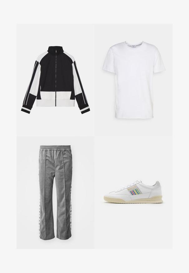 Sort og hvid zip-up jakke med høj krave, der har kontrasterende skulderstriber og ribbede mansjetter. Blødt stof med et minimalistisk design.; Hvid kortærmet t-shirt lavet af bomuld. Har en rund halsudskæring og en afslappet pasform uden synlige mønstre eller detaljer.; Grå velourbukser med elastisk talje, med sidelister med grafiske tryk. Bred ben-design, glat tekstur og ingen lommer.; Hvide lædersneakers med en cremefarvet sål, multicolor stribede detaljer på siden og "PS Paul Smith" branding i guld.