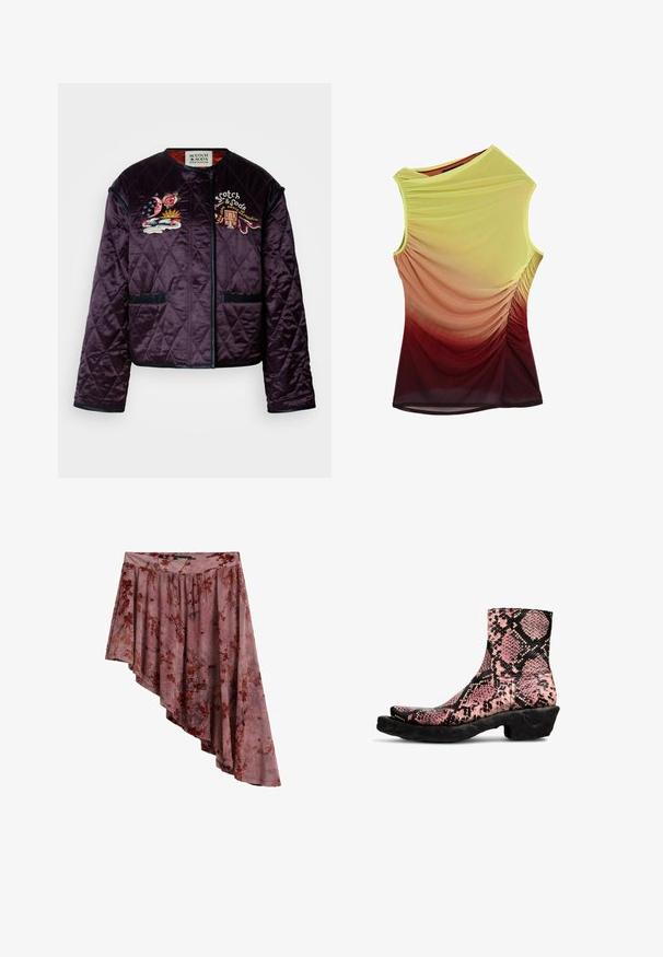 Quiltet lilla jakke med diamantmønster, broderede accenter af blomster og skyer, kontrasterende kant og to forlommer.; Ærmeløs top med asymmetrisk halsudskæring, rynkede sider og graduerede farver, der falmer fra gul til bordeaux.; Asymmetrisk lilla nederdel med rødt blomsterprint, indsamlet talje og ujævn kant længere på højre side.; Ankelstøvler i pink og sort slangeskindsprintlæder med en struktureret finish, der har en unik buet sort gummisål.