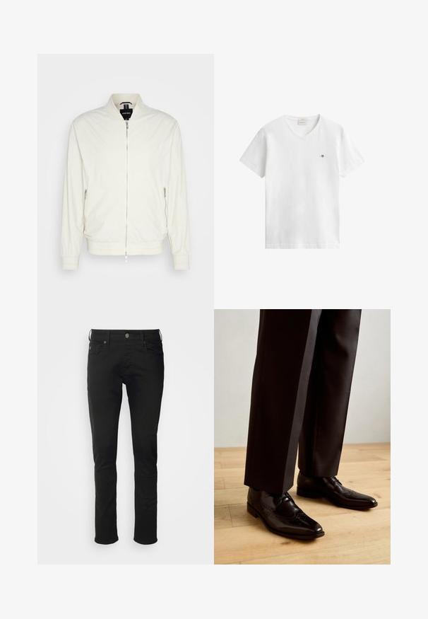 Veste bomber beige clair en tissu texturé, avec col montant, fermeture éclair à l'avant et poches zippées sur les côtés. Cuffs et ourlet côtelés.; T-shirt blanc à manches courtes et col en V avec petit logo brodé sur la poitrine gauche, design simple, présenté sur fond blanc.; Jean en coton noir avec une coupe droite, doté d'une fermeture à bouton à l'avant, de passants de ceinture et de poches standard avec une texture lisse.; Chaussures habillées en cuir noir avec un design à bouts dorés, présentant des détails de brogue et une finition polie, associées à un pantalon noir sur mesure.