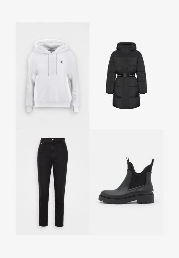 Zwarte doorgestikte lange winterjas met capuchon, lange mouwen en een Calvin Klein merkgordel in de taille, vooraan sluiting verborgen onder een stoffen zoom.; Witte hooded sweatshirt met vooraan trekkoorden en klein zwart "cK" logo op de linkerborst, geribde manchetten en zoom.; Zwarte high-waist slim-fit jeans met knoop aan de voorkant, riemlussen en vijf-pocketontwerp op een witte achtergrond.; Zwarte enkelboot van rubber met een matte afwerking, elastische zijpanelen, een trekhaak en een chunky profielzool. Heeft een logo op de hiel.