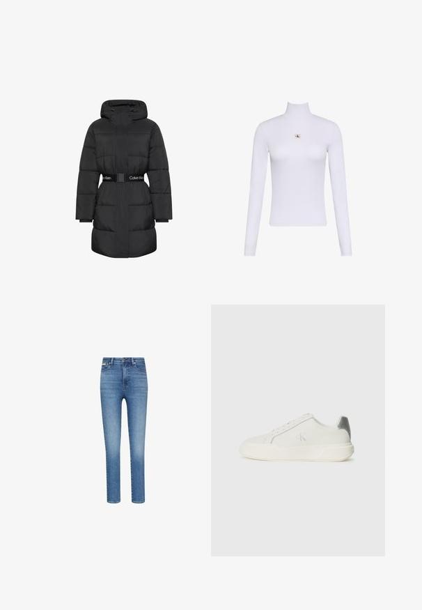 Abrigo largo negro acolchado de invierno con capucha, mangas largas y un cinturón de la marca Calvin Klein en la cintura, cierre delantero oculto por una tapeta de tela.; Top blanco de manga larga con cuello vuelto y un pequeño parche con el logo de Calvin Klein centrado en el pecho.; Vaqueros ajustados en denim azul de lavado medio. Presentan una cintura alta, diseño de cinco bolsillos y costuras contrastantes en todo el tejido.; Zapatilla blanca de cuero con textura suave, que presenta un acento plateado en el talón, suela plana y un diseño minimalista.