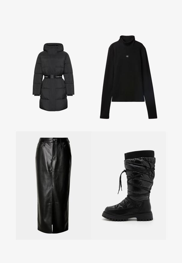 Long manteau d'hiver noir matelassé avec capuche, manches longues et ceinture de marque Calvin Klein à la taille, fermeture à l'avant dissimulée par un rabat en tissu.; Haut noir à col roulé côtelé à manches longues avec petit patch carré du logo Calvin Klein centré sur la poitrine.; Jupe midi en cuir noir avec une coupe droite, fente avant et design classique à cinq poches avec des accents en métal.; Bottes noires montantes en cuir avec une texture matelassée, dotées d'un laçage, d'un revers côtelé contrastant en haut et d'une semelle épaisse et robuste.
