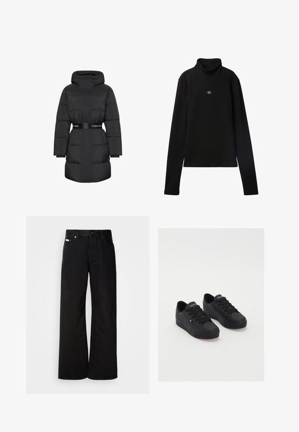 Schwarzer gesteppter langer Wintermantel mit Kapuze, langen Ärmeln und einem Calvin Klein Marken-Gürtel in der Taille, Frontverschluss durch Stoffblende verborgen.; Schwarzes, geripptes Langarm-Top mit Rollkragen und kleinem quadratischem Calvin Klein Logo-Patch zentral auf der Brust.; Schwarze weite Jeans aus Baumwolle. Verfügt über frontale Taschen, einen Knopfverschluss und eine klassische Denim-Textur. Minimalistisches Design ohne Muster.; Schwarze Low-Top-Sneaker aus glattem Material, mit dicken Schnürsenkeln, einer strukturierten Sohle und einem kleinen Logo an der Seite und auf der Zunge.