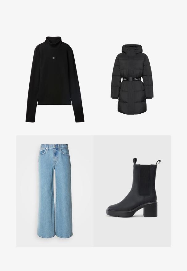 Abrigo largo negro acolchado de invierno con capucha, mangas largas y un cinturón de la marca Calvin Klein en la cintura, cierre delantero oculto por una tapeta de tela.; Top negro de cuello alto acanalado de manga larga con un pequeño parche cuadrado con el logo de Calvin Klein centrado en el pecho.; Jeans de mezclilla de corte ancho en un tono azul claro, con cintura alta, diseño de cinco bolsillos y un ligero desgastado en la tela.; Botín negro de tobillo hecho de un material de goma liso, con paneles laterales elásticos, tacón bloque y tiradores en la parte superior para facilitar su uso.