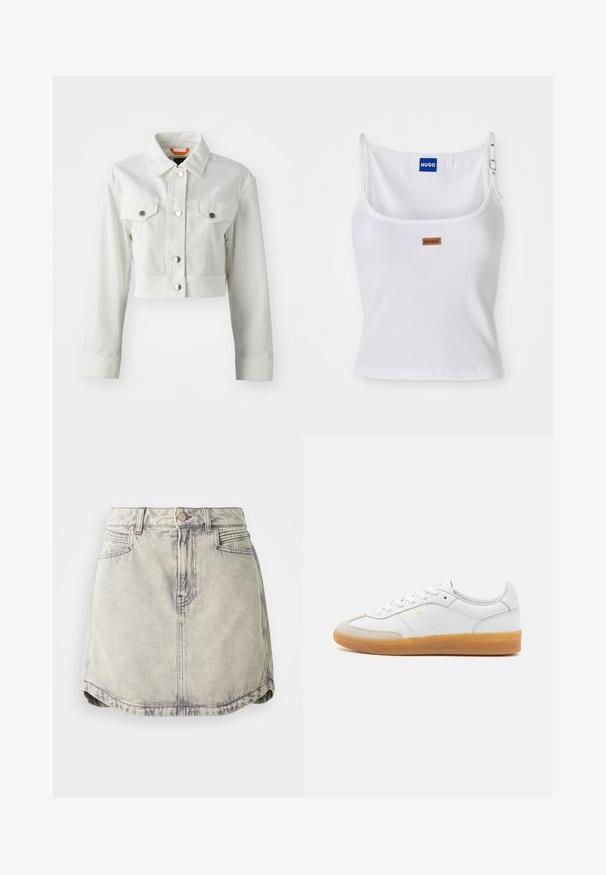 Weiße, kurz geschnittene Jeansjacke mit metallic Knöpfen, zwei Brusttaschen und klassischem Kragen. Glatte Textur und taillierte Passform.; Weißes, geripptes Tanktop mit verstellbaren Trägern, ausgestattet mit einem blauen Logolabel und einem kleinen braunen Etikett, gefertigt aus weichem, dehnbarem Material.; Jeansrock in Hellgrau mit einem verwaschenen Texture, ausgestattet mit einem geknöpften Taillenbund, Fronttaschen und einem leicht gewölbten Saum.; Weiße Ledersneaker mit beigen Wildlederakzenten, Gummi-Rahmen und Schnürdesign. Verfügt über dezente Markenkennzeichnung in Gold.