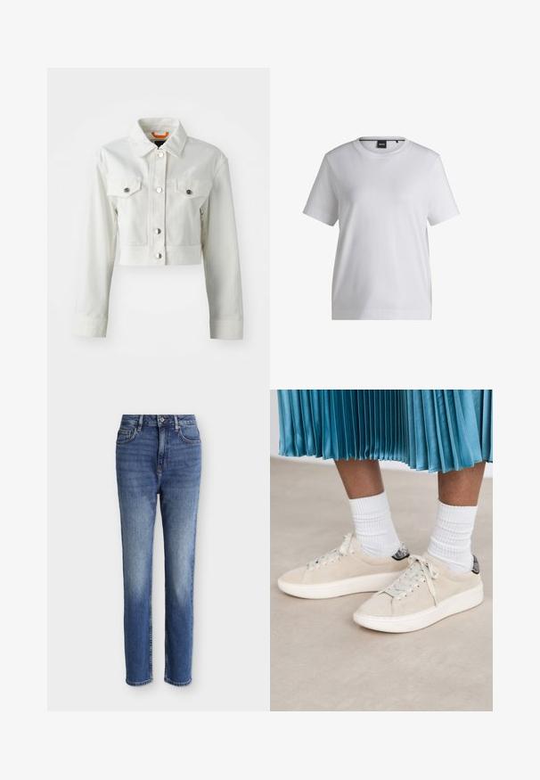 Weiße, kurz geschnittene Jeansjacke mit metallic Knöpfen, zwei Brusttaschen und klassischem Kragen. Glatte Textur und taillierte Passform.; Weißes Baumwoll-T-Shirt mit rundem Halsausschnitt, kurzen Ärmeln und bequemer Passform. Mit einem kleinen Markenschild nahe dem Kragen.; Midblaue Jeans mit hoher Taille und geradem Bein, vorne Taschen, Gürtelschlaufen, Knopfverschluss und dezenten, ausgewaschenen Details an Oberschenkeln und Knien.; Beige Wildleder-Sneaker mit einer weißen Gummisohle und Schnürdesign. Akzentuiert mit einem strukturierten schwarzen Rückenelement. Tragen Sie sie mit weißen gerippten Socken.