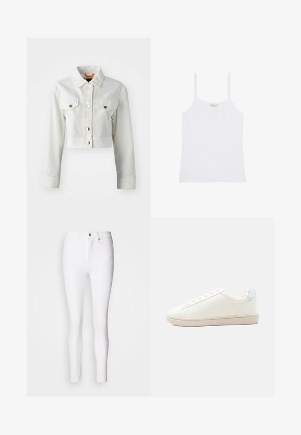 Weiße, kurz geschnittene Jeansjacke mit metallic Knöpfen, zwei Brusttaschen und klassischem Kragen. Glatte Textur und taillierte Passform.; Weißes Calvin Klein Damen-Top mit dünnen Schulterträgern und einfachem, figurbetontem Design.; Weiße Denim-Skinny-Jeans mit hoher Taille, ausgestattet mit einem Frontknopf und Reißverschluss sowie fünf Taschen. Glatte Textur, figurbetontes Design.; Weißer Sneaker mit niedrigem Schaft, Schnürung vorne, hellbeiger Sohle, dezentem gestepptem Design an der Seite und metallisch silberner Fersenschlaufe.
