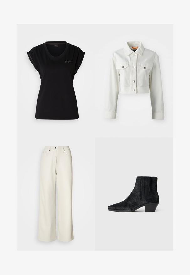 Chaqueta de mezclilla blanca cropped con botones metálicos, dos bolsillos en el pecho y un cuello clásico. Textura suave y corte ajustado.; Camiseta negra de manga corta hecha de algodón con cuello redondo, que presenta detalles fruncidos en los hombros y un sutil acento de logo bordado.; Pantalones de pierna ancha color crema, confeccionados en una tela suave. Cuentan con una cintura de altura media, cierre con cremallera y dos bolsillos delanteros con detalles en hardware negro.; Botín negro hasta el tobillo con punta afilada, material texturizado similar al pelo, panel lateral acanalado y un tacón bajo y cuadrado. Diseño simple y moderno.