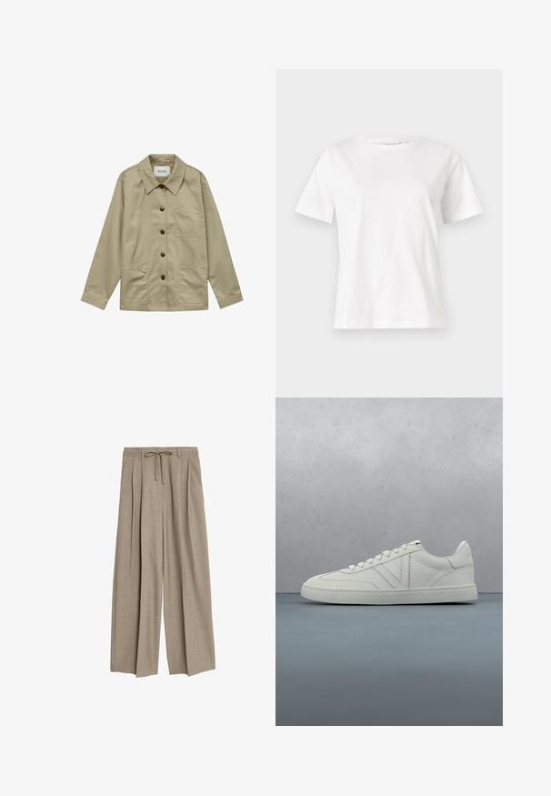Khaki bomuldsjakke med spids krave, knaplukning foran, to forlommer og en enkelt brystlomme; glat tekstur.; Hvid bomulds t-shirt med korte ærmer, rund halsudskæring og en afslappet pasform. Glat tekstur, ingen mønstre eller accenter, minimalistisk design.; Beige højtaljede bukser med en afslappet pasform, der har pletter og en snøre i taljen. Materialet ser ud til at være tekstureret og let.; Hvid lædersneaker med snørebånd, der svæver over en træblok og en udendørs flade med småsten, sløret grønt plante og sten i baggrunden.