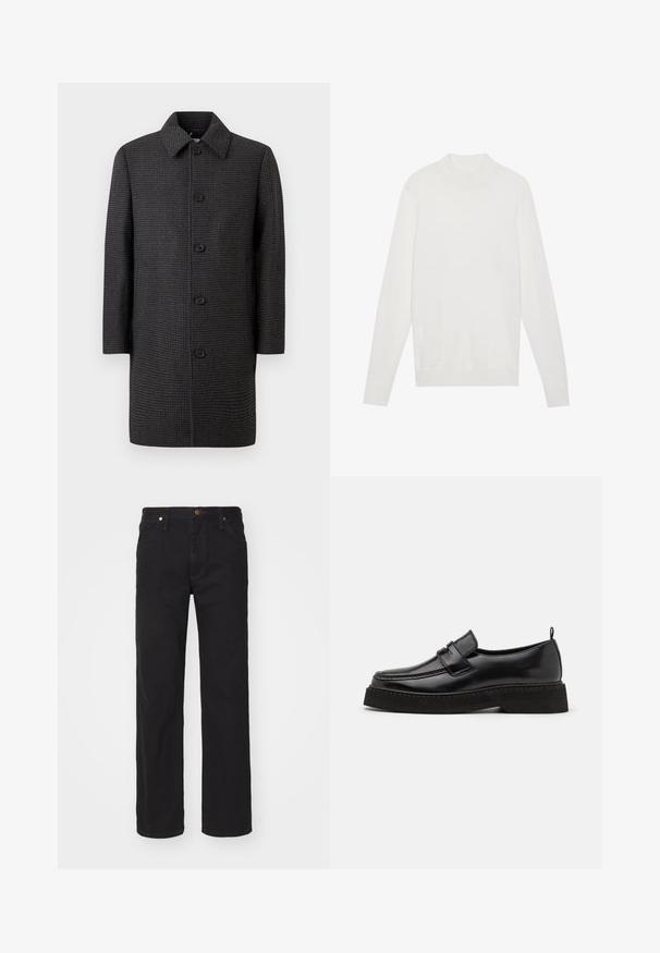 Grå ternet frakke med lige snit, spids krave og fem sorte knapper. Har lange ærmer og sidelommer.; Hvid pullover sweater med høj halsudskæring, lange ærmer og ribbede manchetter og kant. Fremstillet af et blødt strikket stof. Simpelt og tætsiddende design.; Sorte denimjeans med lige ben, forlommer, bæltestropper og knaplukning på ensfarvet baggrund.; Sorte læder loafersko i stil med flad, tekstureret sål, med en syet tå og en rem over vristen.