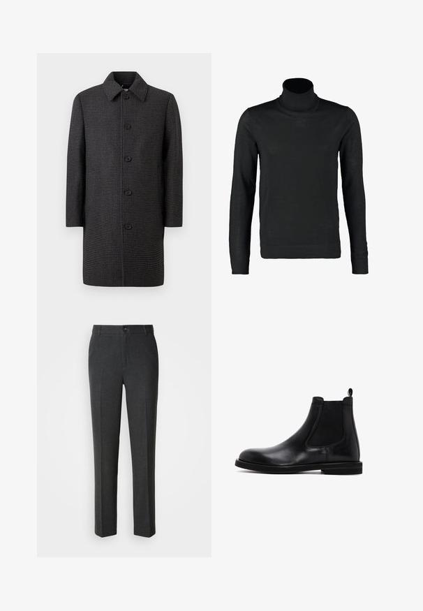 Manteau à carreaux gris avec une coupe droite, col pointu et cinq boutons noirs. Comprend des manches longues et des poches latérales.; Lindbergh ROLL NECK - Pullover - black; Pantalons gris foncé sur mesure en tissu lisse, dotés d'une fermeture à bouton, de deux poches avant et d'une coupe droite.; Bottes Chelsea en cuir noir avec panneaux élastiques sur les côtés et une languette. Texture lisse, bout arrondi, semelle en caoutchouc plate.