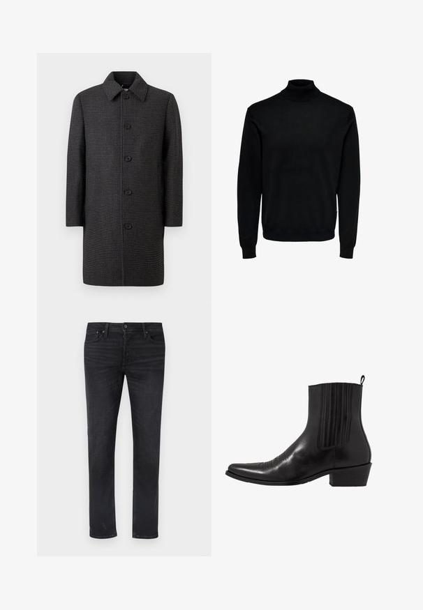 Abrigo gris a cuadros con corte recto, cuello de pico y cinco botones negros. Cuenta con mangas largas y bolsillos laterales.; Suéter de cuello alto negro, hecho de tela suave, con mangas largas, puños y dobladillo acanalados, diseño de cuello ajustado y textura lisa.; Vaqueros de mezclilla negra con corte de pierna recta, que cuentan con cinco bolsillos, una pretina de talle medio y detalles sutiles de desgaste.; Bota de cuero negro hasta el tobillo con punta afilada, paneles laterales elásticos, acentos de costura vertical y un tacón bajo y cuadrado.