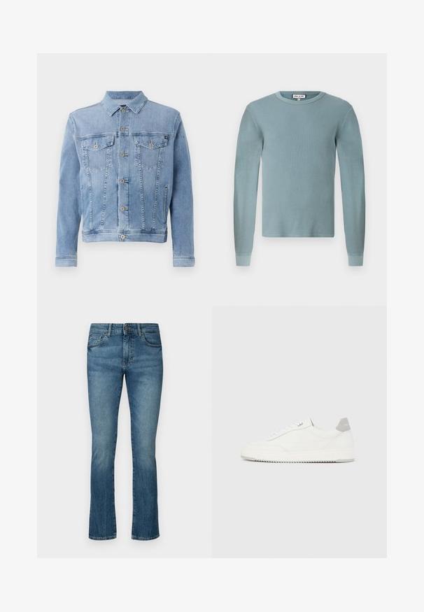 Lyseblå denimjakke med krave, seks knaplukninger, to brystlommer og minimal slid på stoffet.; Lyseblå langærmet skjorte med rippet tekstur og rund halsudskæring. Har tætsiddende manchetter og et enkelt mærke på kraven.; Mørkeblå denim jeans med lige ben-design, der har diskret slid, fem-lommestil og en knaplukning i taljen.; Hvid lavtop-sneaker med gråt hælflig, hvide snørebånd og tekstureret sål, vist på en ensfarvet lys baggrund.