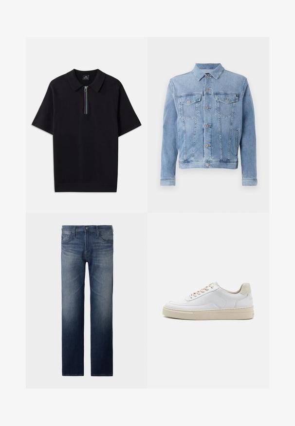 Hellblaues Jeansjacke mit Kragen, sechs Knöpfen, zwei Brusttaschen und minimalen Abnutzungserscheinungen auf dem Stoff.; Schwarzes kurzärmliges Polohemd mit einem Reißverschlusskragen, der mit einem mehrfarbigen Streifen versehen ist. Hergestellt aus einem glatten Stoff mit einer taillierten Passform.; Gerade Jeans in dunkler blauem Waschung. Verfügt über fünf Taschen, Reißverschluss und Knopfverschluss. Leicht ausgebleichte Textur am Oberschenkel. Denim-Stoff.; Weiße Sneaker mit einem glatten Lederobermaterial, beigen Schnürsenkeln und einer strukturierten, beigen Wildleder-Fersenschlaufe. Erhöhte Sohle für zusätzlichen Komfort.