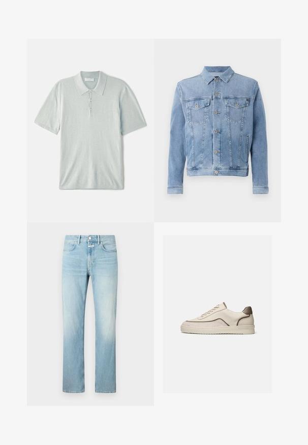 Lyseblå denimjakke med krave, seks knaplukninger, to brystlommer og minimal slid på stoffet.; Lys blå polo shirt lavet af blødt stof, med klassisk krave, tre-knaps lukning og korte ærmer. Minimalistisk design.; Lysblå denimjeans med lige ben, der har et klassisk femlomme-design og en knappelukning.; Lavtop beige sneaker med snørelukning, ruskind- og læderpaneler og en rillede gummisål på en ensfarvet hvid baggrund.