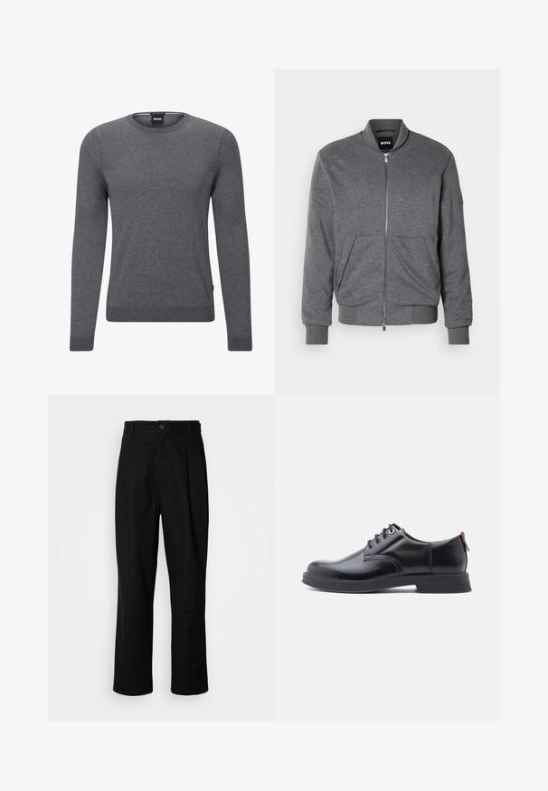 Grå bomberjakke lavet af blødt stof, med lynlås foran, ribbede manchetter og to frontlommer. Enkelt design med minimal branding.; Grå crew-neck sweater lavet af blødt strikket stof. Den har lange ærmer, ribbede manchetter og kant, samt et lille logo-mærke på siden.; Sorte lige ben bukser med en knaplukket talje, bæltestropper og en frontfold, præsenteret mod en ensfarvet hvid baggrund.; Sorte snørestøvler i læder med glat tekstur, rundet tå og diskrete syningsdetaljer. Har en rød trækflig på hælen.