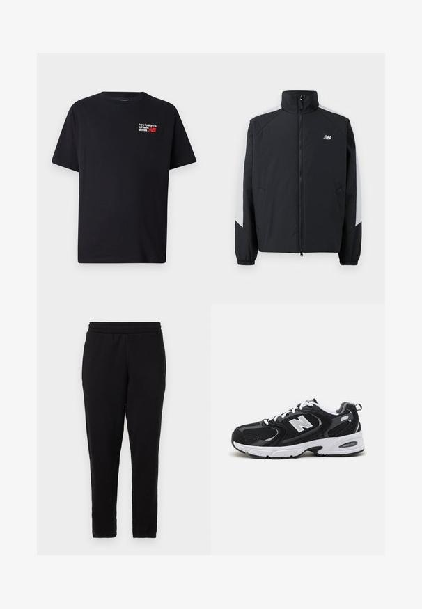 Zwarte jas met een hoge kraag, een rits aan de voorkant en grijze accenten op de schouders. Voorzien van elastische manchetten en zijzakken.; Zwarte katoenen t-shirt met een ronde halslijn. Heeft een klein rood en wit 'New Balance' logo en tekst op de bovenste linkerkant van de borst.; Zwarte joggers met een rechte snit, elastische tailleband en een zachte textuur. Geen zichtbare patronen of hardware. Eenvoudig ontwerp.; Zwarte en grijze sport schoenen met een bovenwerk van mesh en suede, voorzien van een witte tussenzool, veters en een gedurfde "N"-logo aan de zijkant.