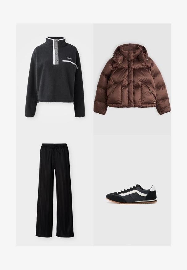 Brun pufferjakke med høj krave, trykknapper og to frontlommer. Lavet af glinsende, quiltet stof med et cropped design.; Sort fleece pullover med halv lynlås krave, der har en brystlomme og kontrasterende hvide og grå detaljer. Blød tekstur, cropped design.; Sorte bukser med vidde i benene, elastisk talje og snor, med diskrete lodrette striber og et lille logo på siden.; Sort atletisk sko med overdel i ruskind og tekstil, hvide detaljer, seks snørrehuller og gummisål. Elegant form med lav profil.