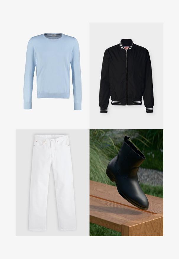 Sort bomberjakke med lynlås, hvidstribet ribbekrave, ærmekanter og linning, med diskret logo-broderi på venstre bryst.; Lyseblå langærmet sweater med rund halsudskæring. Har en glat tekstur og ribbede manchetter og kant. Klassisk, tætsiddende design.; Hvide jeans med lige ben, fem-lomme design, knap- og lynlåslukning samt kobbernitdetaljer på lommerne.; Sort læder ankelstøvle med lynlås, placeret i den ene ende af en poleret træbænk udendørs med græs og sten i baggrunden.