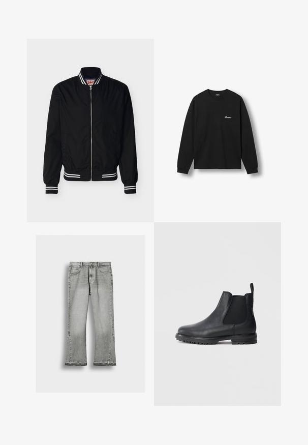 Veste bomber noire zippée avec col, poignets et ourlet côtelés à rayures blanches, présentant une broderie de logo subtile sur le côté gauche de la poitrine.; T-shirt noir à manches longues et col rond avec un petit logo texte blanc « Burocs » sur la poitrine gauche, affiché sur un fond blanc uni.; Jean gris délavé à jambes droites avec une légère évasement et ourlets bruts, doté de poches avant et d'une fermeture à bouton.; Bottes Chelsea en cuir noir avec inserts élastiques sur les côtés, bout arrondi et semelle en caoutchouc texturée. Tirette à l'arrière pour faciliter l'enfilage.