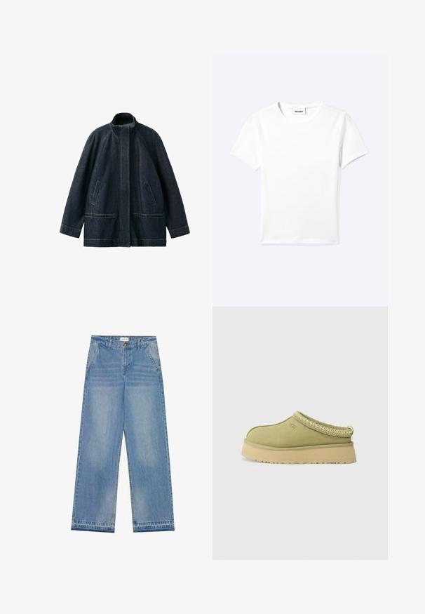 Veste en jean bleu foncé avec col montant, fermeture avant cachée, manches longues et poches avant, présentée sur fond blanc.; T-shirt blanc uni à manches courtes et col rond avec une petite étiquette "WEEKDAY" à l'intérieur de l'encolure, présenté à plat sur un fond clair.; Jean large taille haute bleu clair avec fermeture à bouton, poches avant, passants de ceinture et détails légèrement décolorés.; UGG TAZZ II - Chaussons - muted brass
